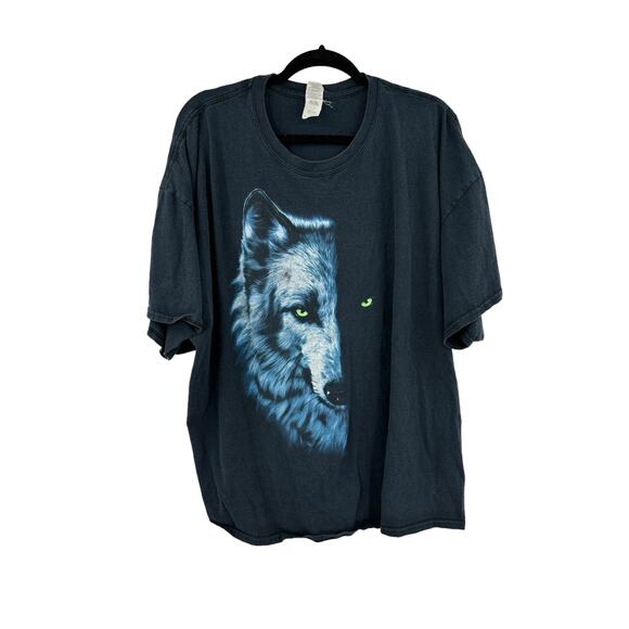 Vintage Gildan T-Shirt Mens 3XL Graphic Half Wolf Short Sleeve Black Cotton - Picture 1 of 4